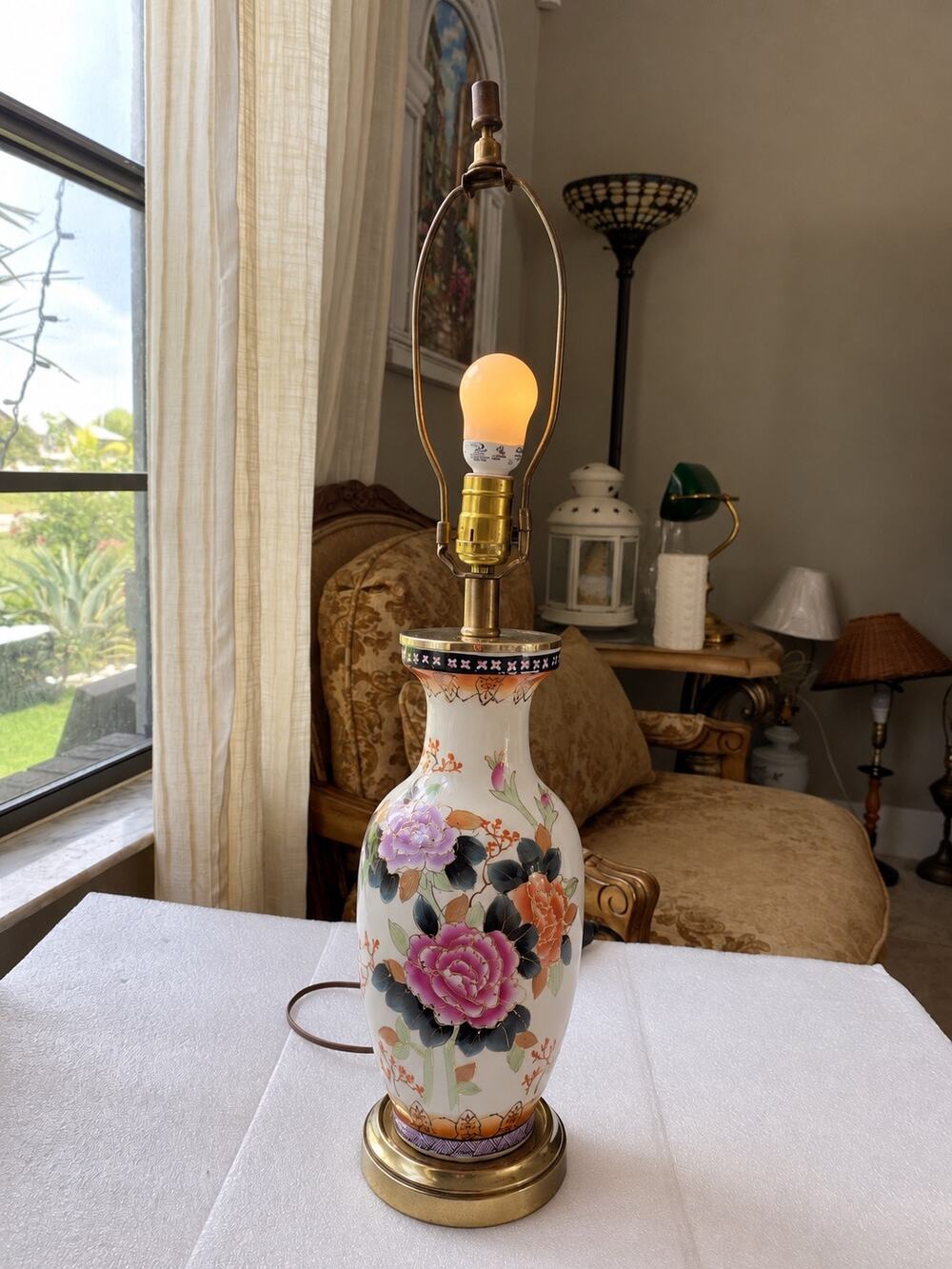 vintage hand-painted porcelain vase table lamp colorful floral brass metal base